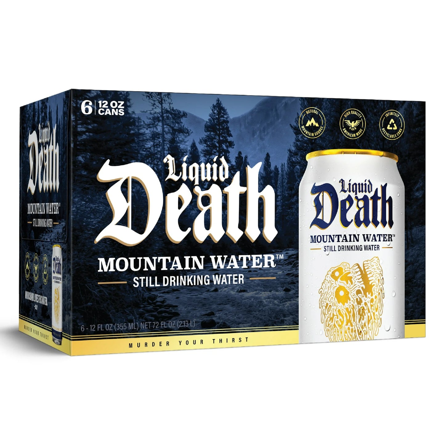 Liquid Death, Still Mountain Water, 6-Pack (12oz Cans), Natural Mountain Source, Infinitely Recyclable Ice-Cold Cans