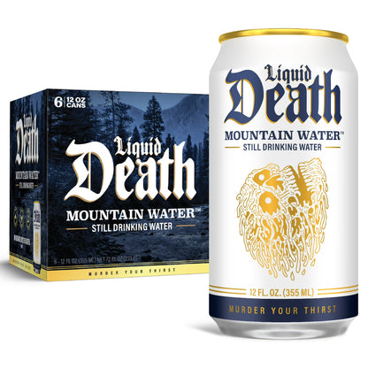 Liquid Death, Still Mountain Water, 6-Pack (12oz Cans), Natural Mountain Source, Infinitely Recyclable Ice-Cold Cans